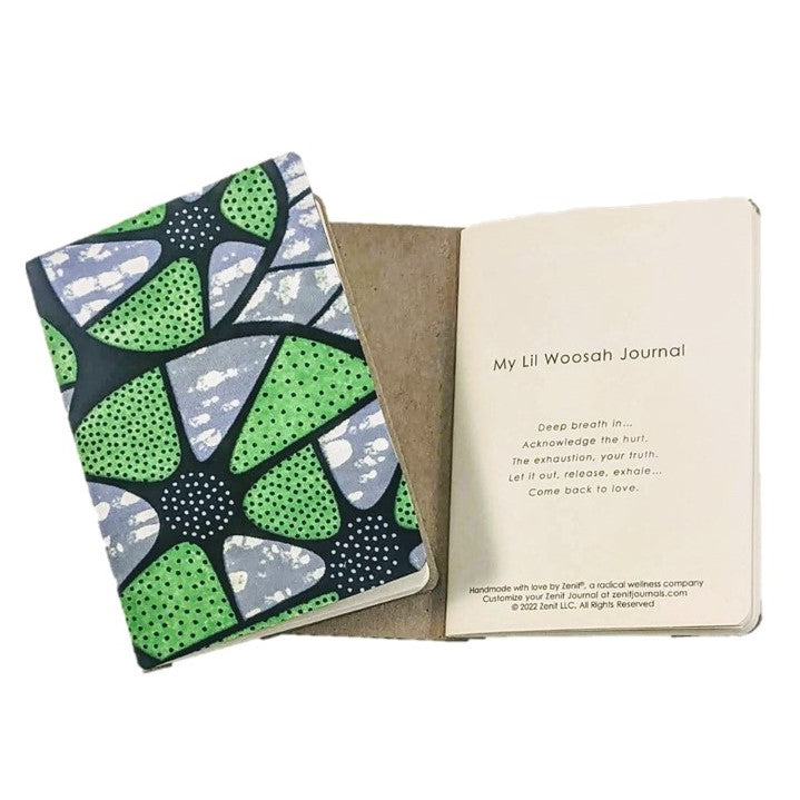 lil woosah journal for self care journaling and managing stress. one closed journal with blue and green pattern. one open journal with title page
