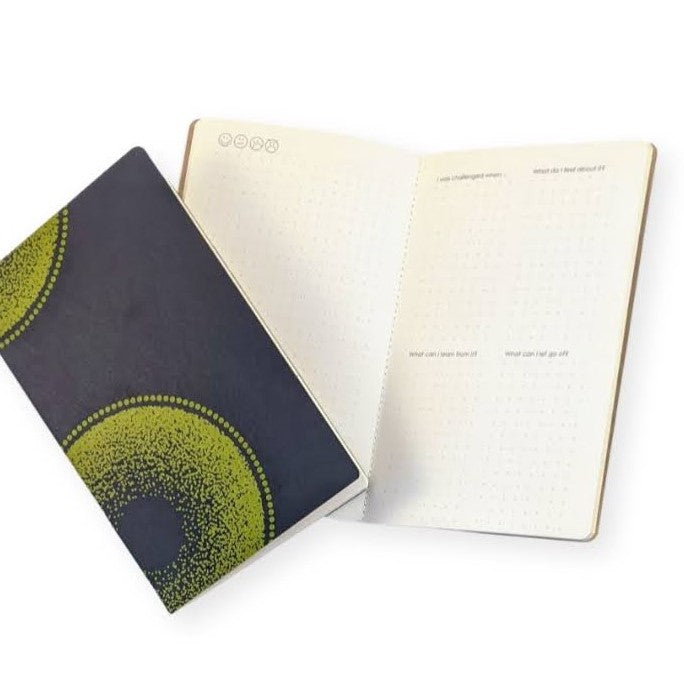 starter balance journal for self care journaling. one closed journal with black cover with large green circle. One open journal with dot grid pages and four wellness prompts