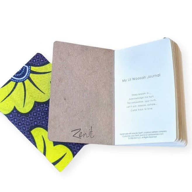 lil woosah journal for self care journaling and managing stress. one closed journal with blue and green pattern. one open journal with title page